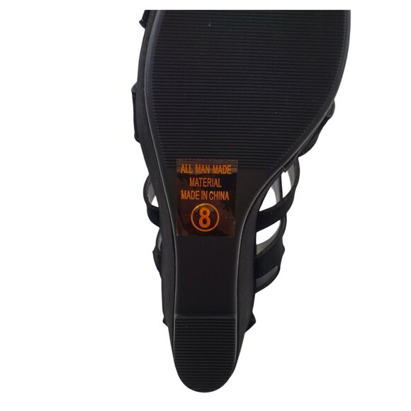 Black Strappy Open-Toe Wedge Sandals With Back Zipper Closure For Women, Size 8. - Picture 7 of 8